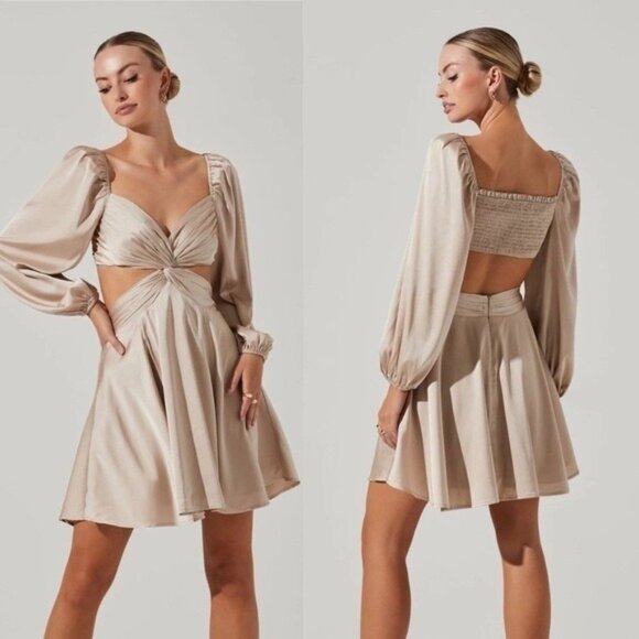 Astr The Label NWT Anamarie Cutout Long Sleeve Champagne Mini Dress Size XS - Picture 2 of 13